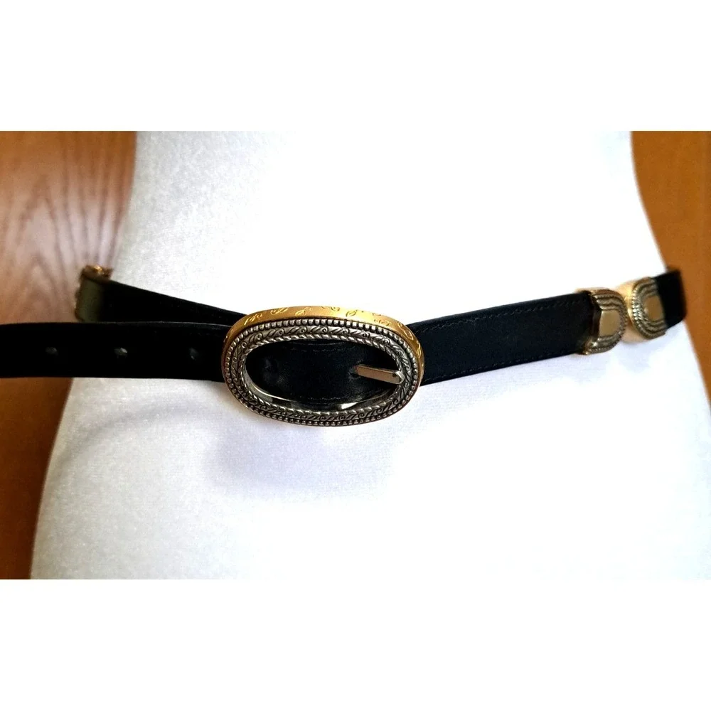 Brighton Women's Reversible Leather Black/Brown Belt Silver/Gold Tone Buckle M-L